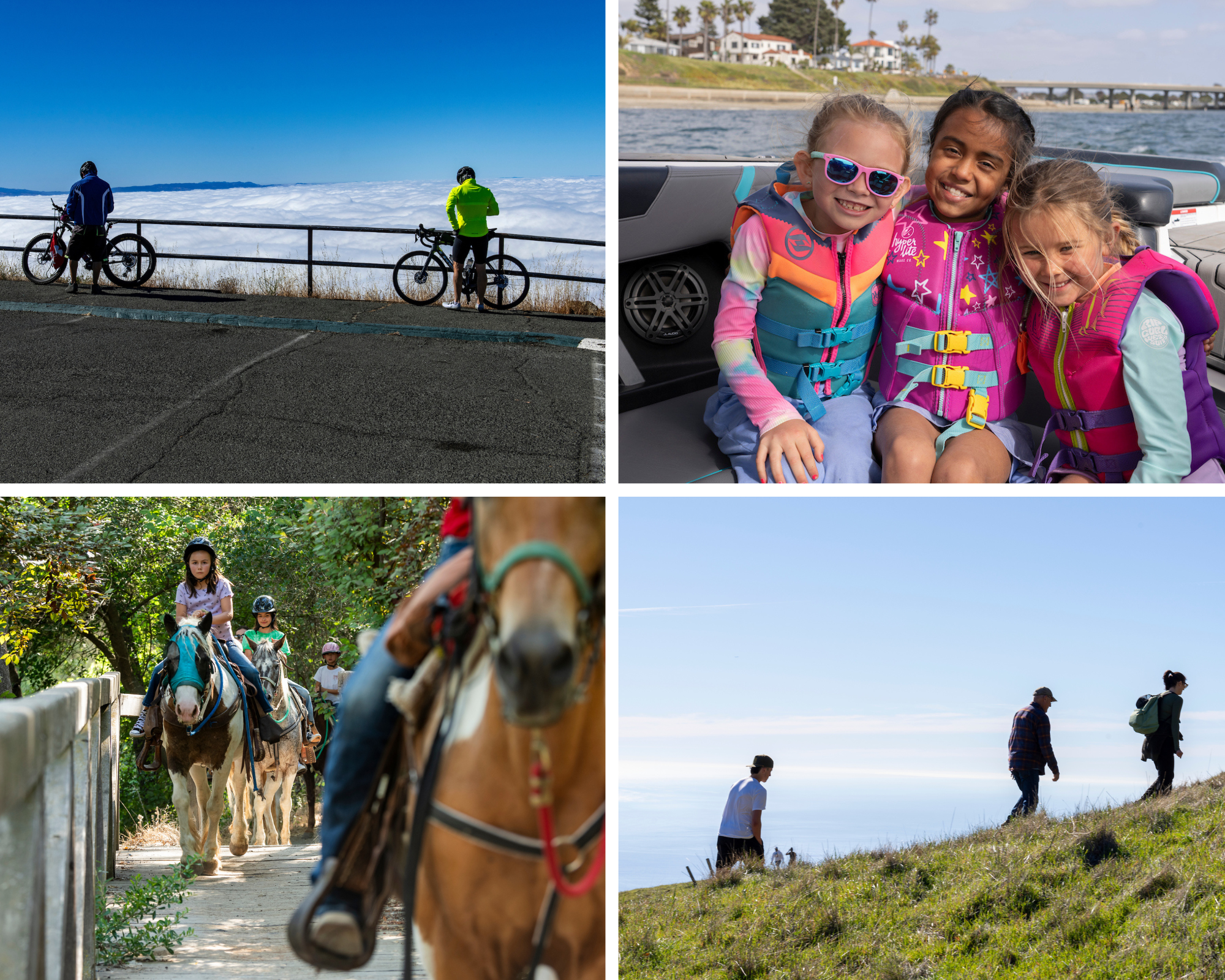 Top photos - left: Cyclists take in the view at Mount Diablo State Park (SP). Right: It's always important to wear a U.S. Coast Guard-approved life jacket when recreating in California's waterways. Bottom photos - left: Folsom Lake State Recreation Area visitors enjoy horseback riding. Right: Hikers scale Mount Tamalpais SP. Photos from California State Parks.